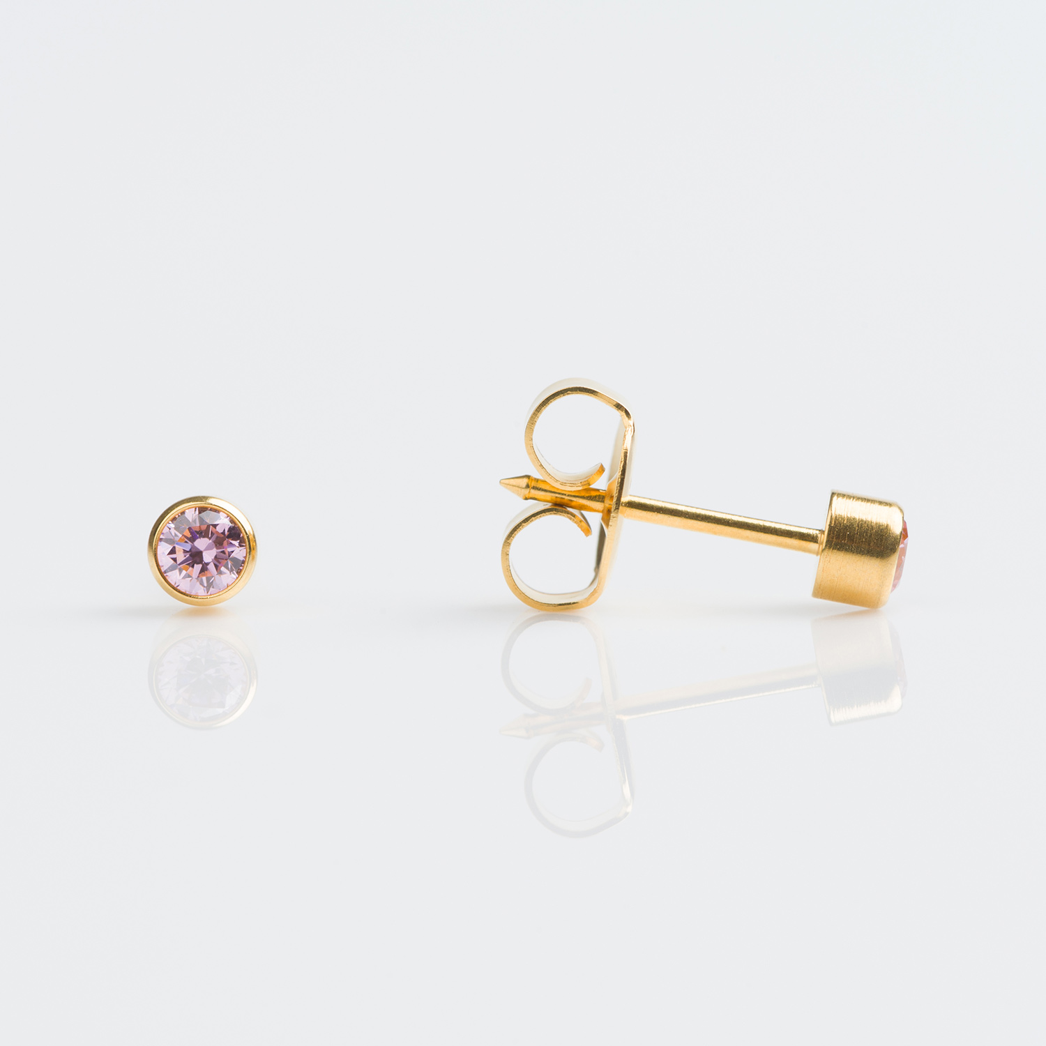 System 75™ 3mm 14K Yellow Gold Bezel-Set Pink Cubic Zirconia Piercing Studs