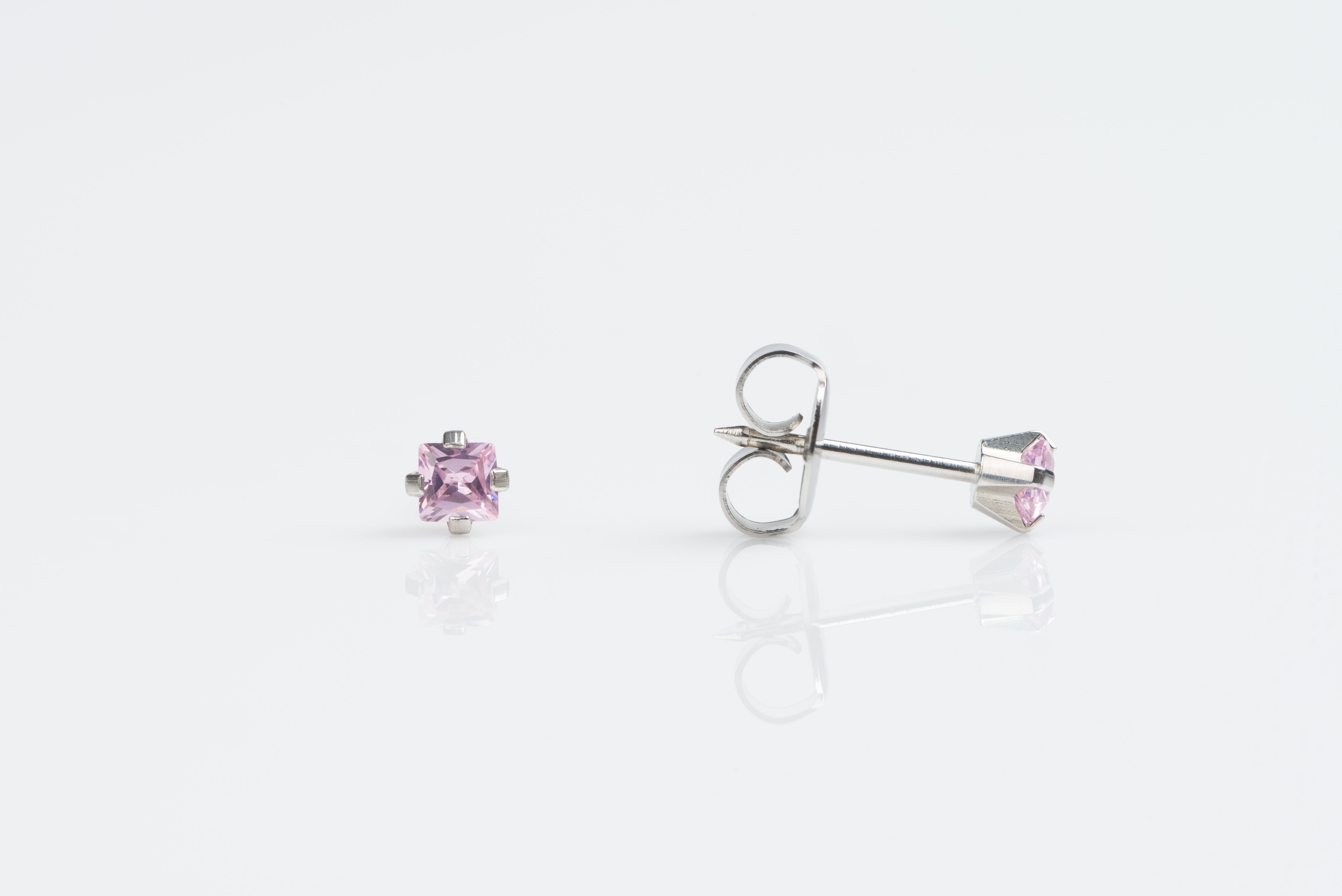 System 75™ 3x3mm Stainless Steel Prong-Set Princess-Cut Pink Cubic Zirconia Piercing Studs