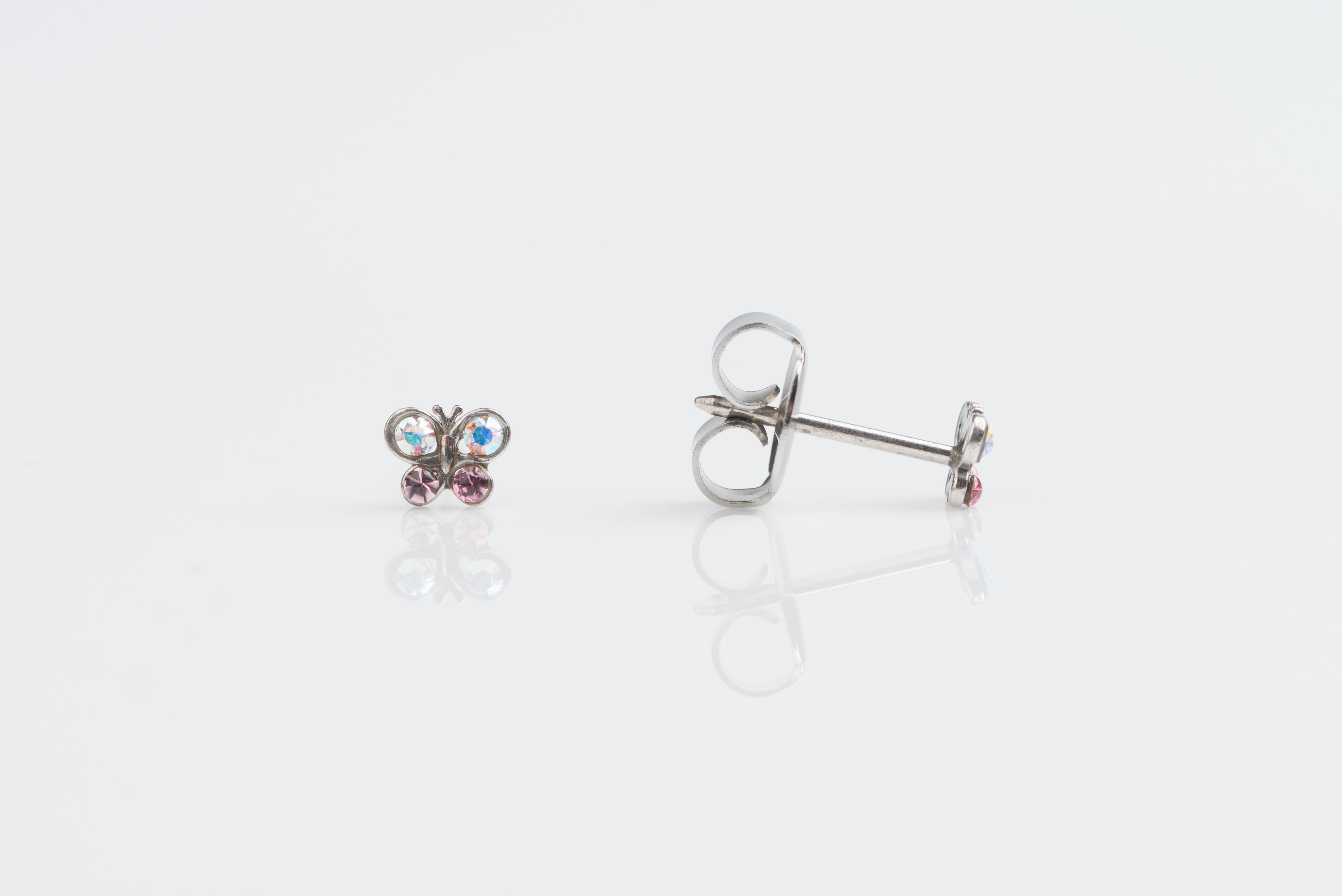 System 75™ 4mm 14K White Gold Aurora Borealis & Light Rose Butterfly Piercing Studs