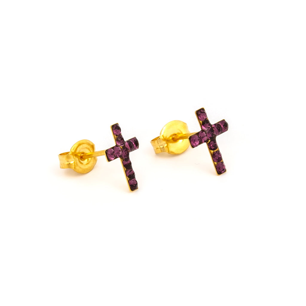 Sensitive Puff Pad Gold-Plated February Amethyst Crystal Crosses