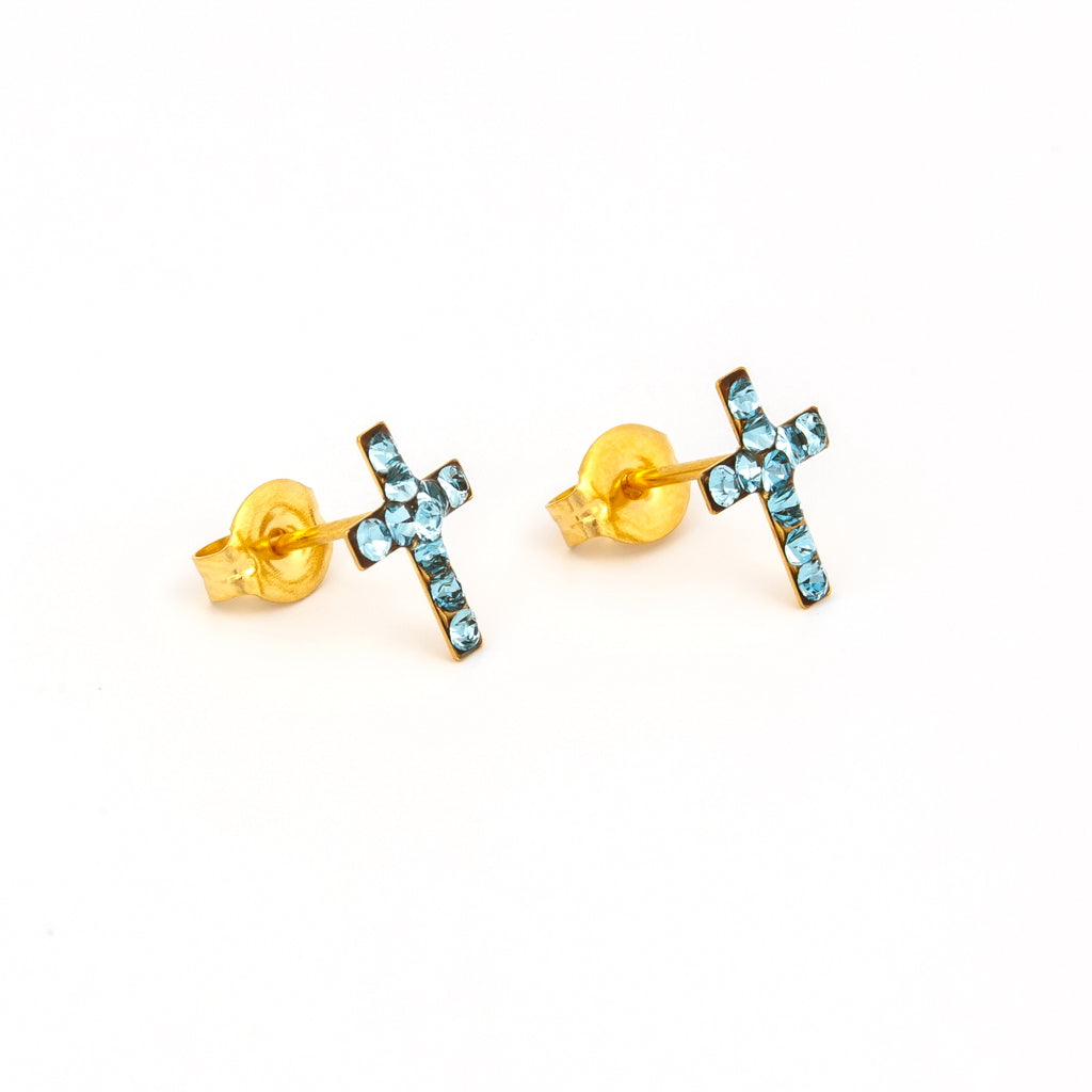 Sensitive Puff Pad Gold-Plated March Aquamarine Crystal Crosses