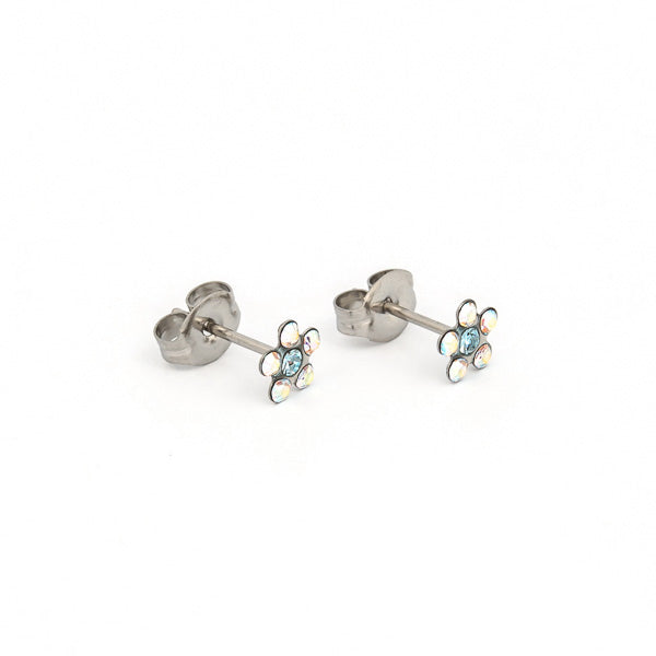 Sensitive Puff Pad Stainless Steel Aurora Borealis Crystal/March Aquamarine Daisies