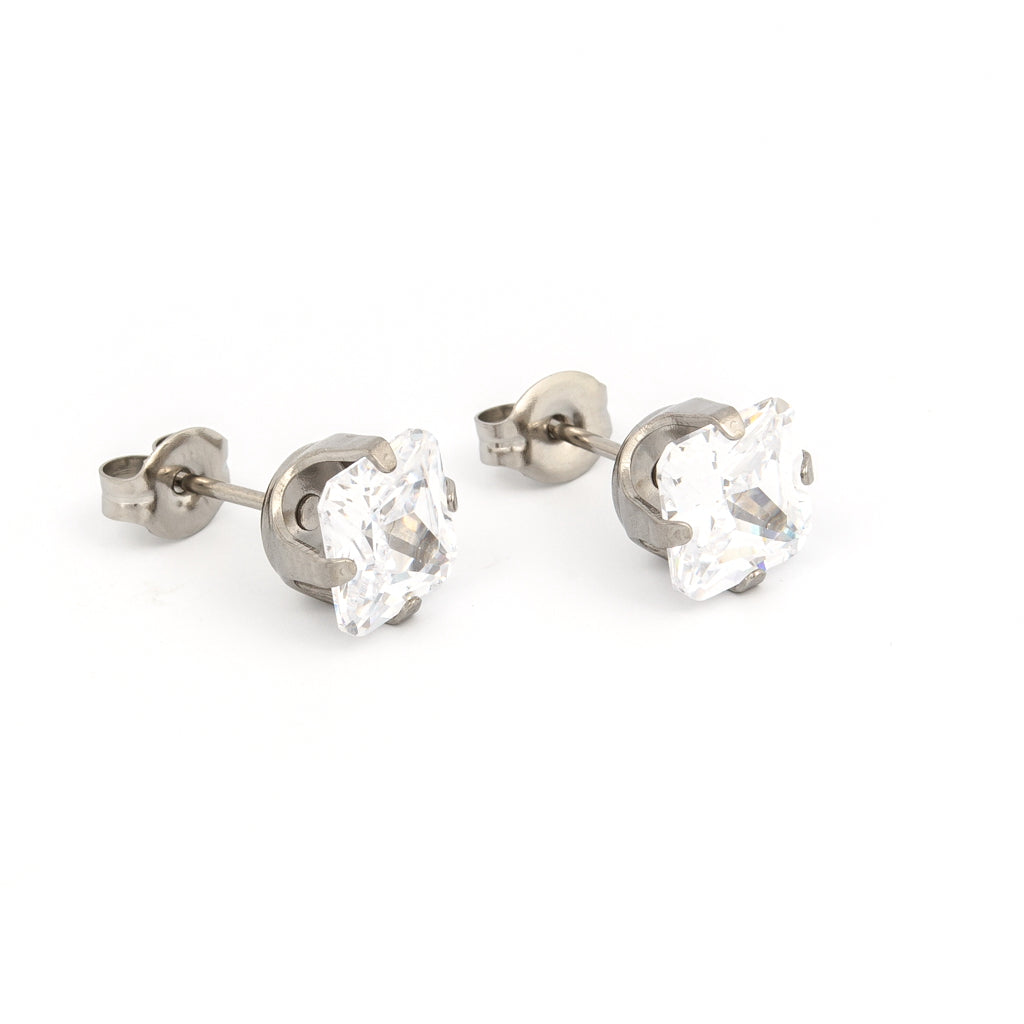 Sensitive Puff Pad Stainless Steel 7×7mm Princess-Cut Prong-Set Cubic Zirconias