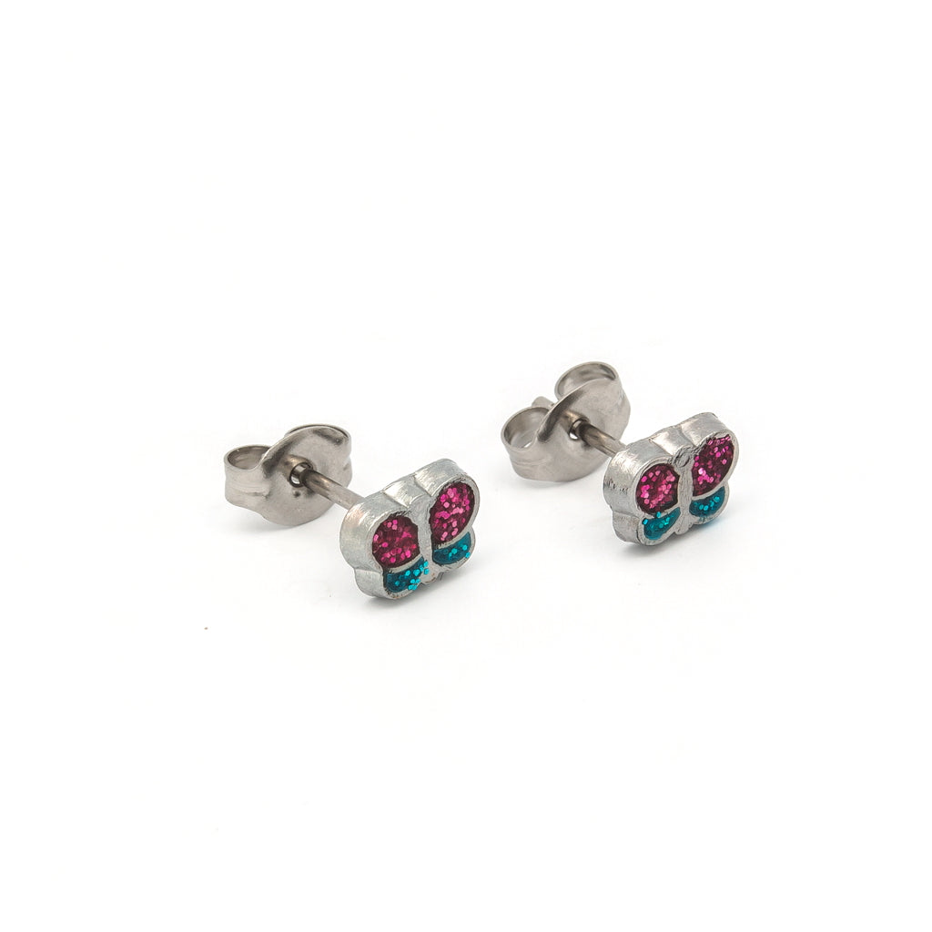 Tiny Tips™ Stainless Steel 6×6mm Pink & Green Glitter Butterflies